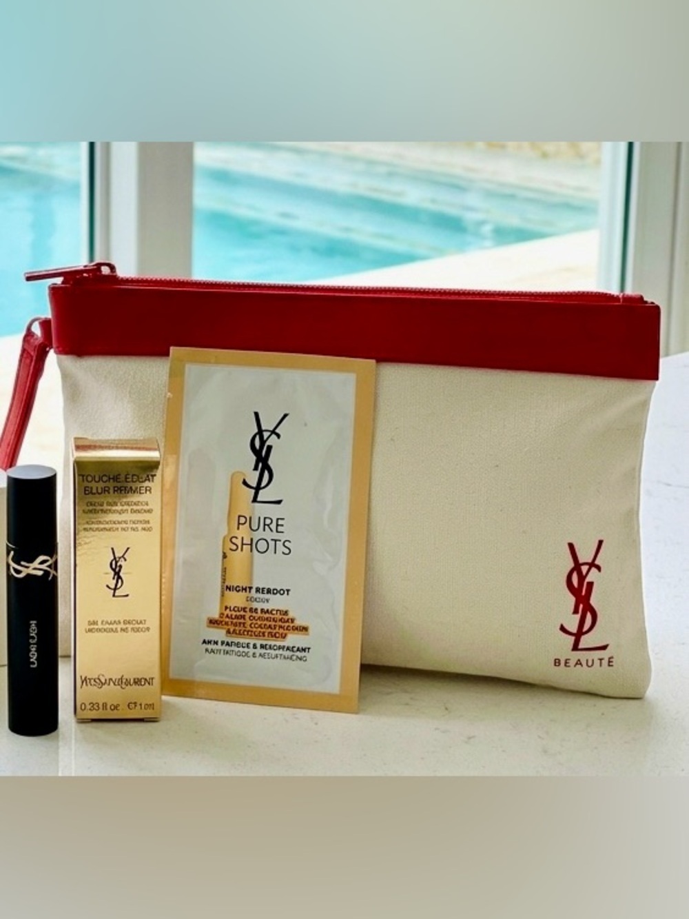 YSL Beauty Bundle- Primer,  Mascara, Serum, Cosmetic Pouch Bundle